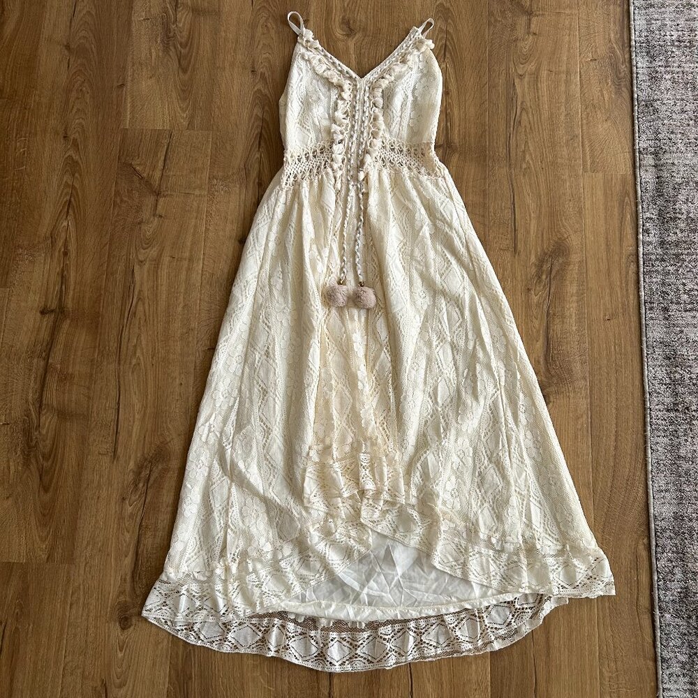 Amazon Cream Lace Dress Size XL | High Low Hem | Boho Midi | Tassel Detail